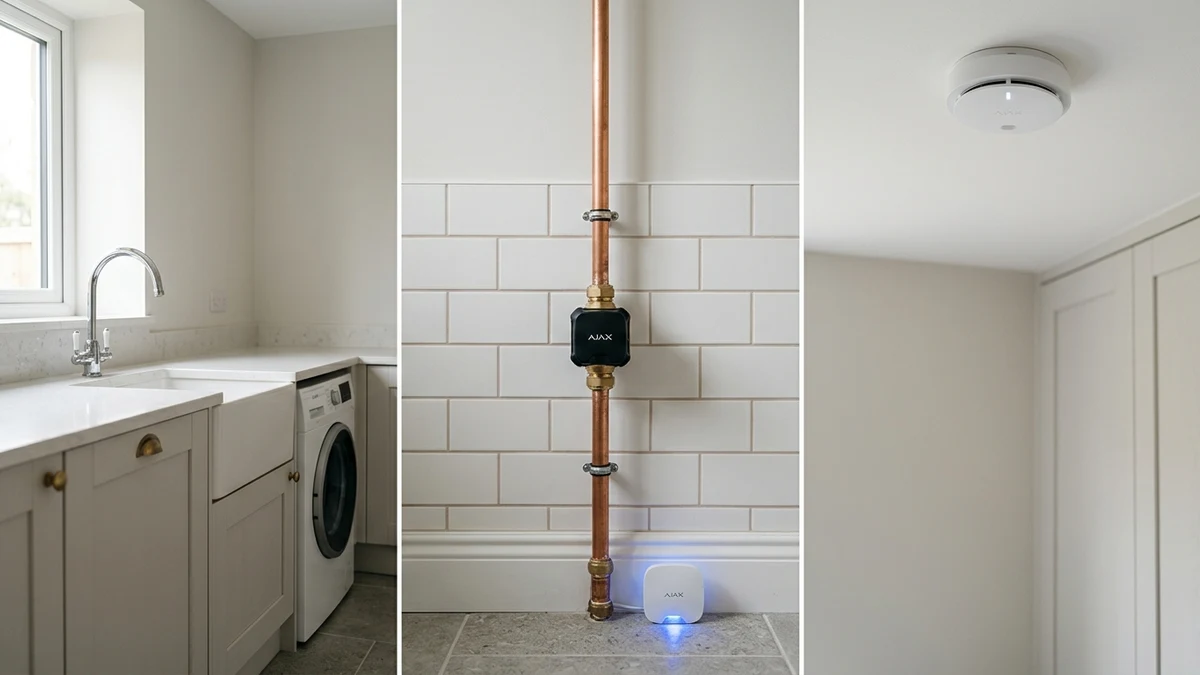 Ajax FireProtect 2 ceiling smoke detector and WaterStop electric smart shutoff valve installed cleanly on copper plumbing in an Eccleshill & Undercliffe home