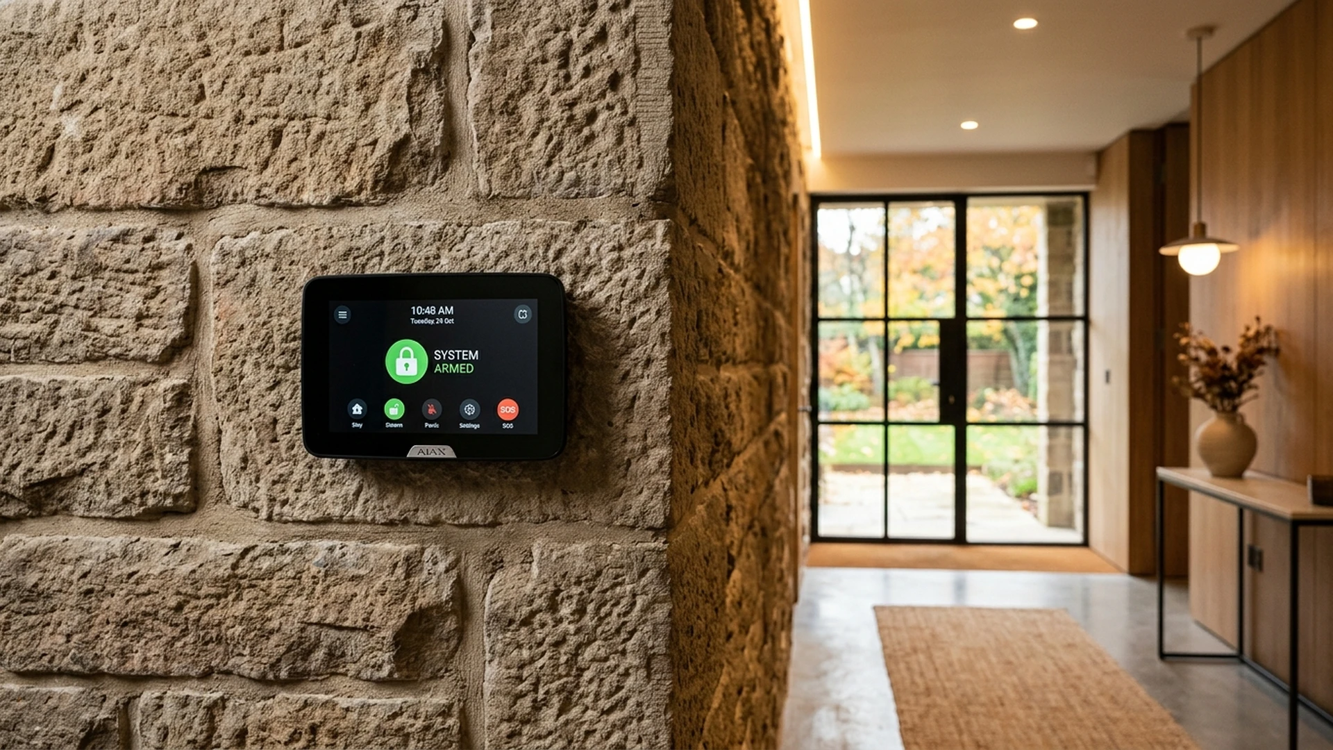 Ajax MotionCam Outdoor wireless detector mounted on weathered West Yorkshire red brick exterior wall in Eccleshill & Undercliffe