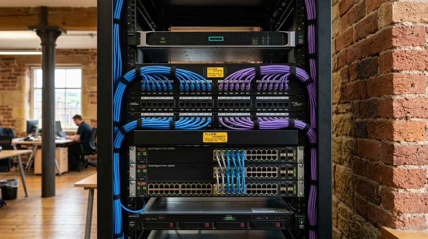 Commercial server rack and patch panel cabling installation in Bradford