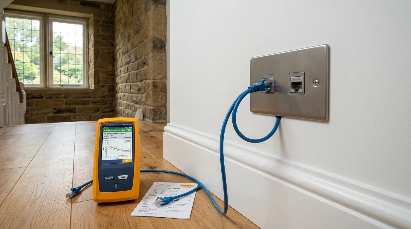 Domestic home network cabling with clean flush-mounted Ethernet wall sockets in a Bradford home