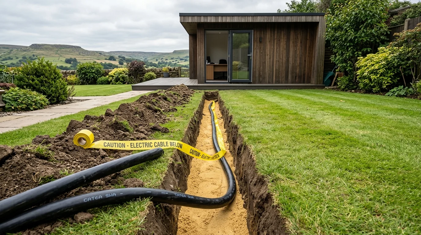 Armoured network cable trenching to garden office in Bradford