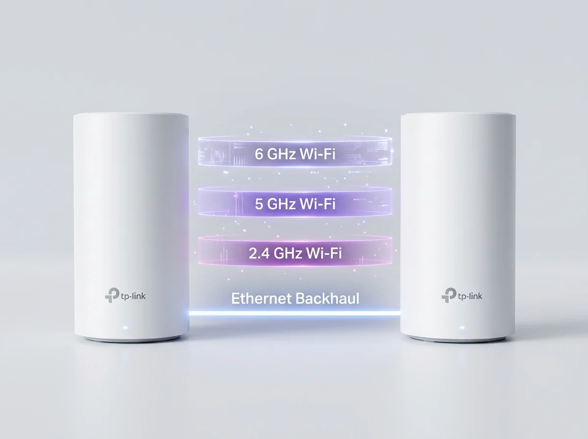 TP-Link Deco WiFi 6 desktop mesh node installation on furniture in a Bradford semi-detached home