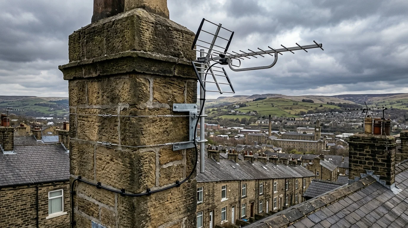 Professional digital TV aerial installation in Bradford with high-gain benchmark aerial and heavy-duty storm bracket