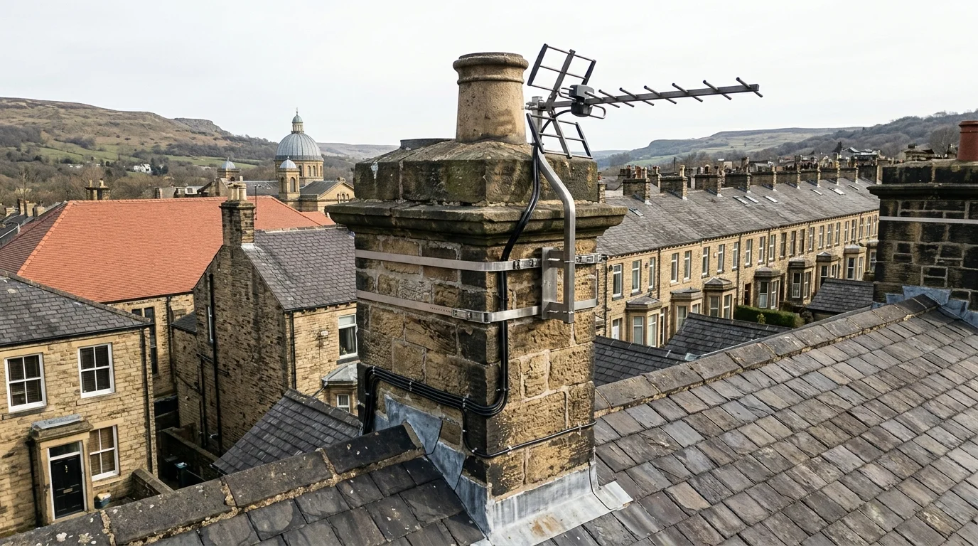Professional digital TV aerial installation in Horsforth on traditional British chimney stack with galvanized Pennine storm brackets