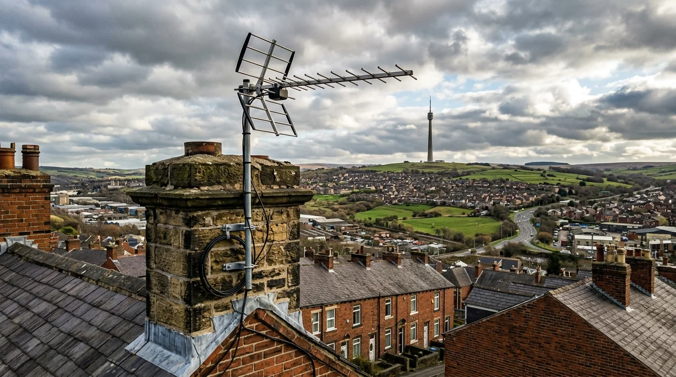 Professional digital TV aerial installation in Eccleshill on traditional British chimney stack with galvanized Pennine storm brackets