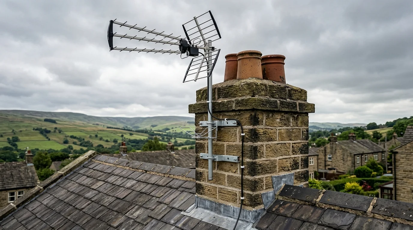 Professional digital TV aerial installation in Garforth on traditional British chimney stack with galvanized Pennine storm brackets
