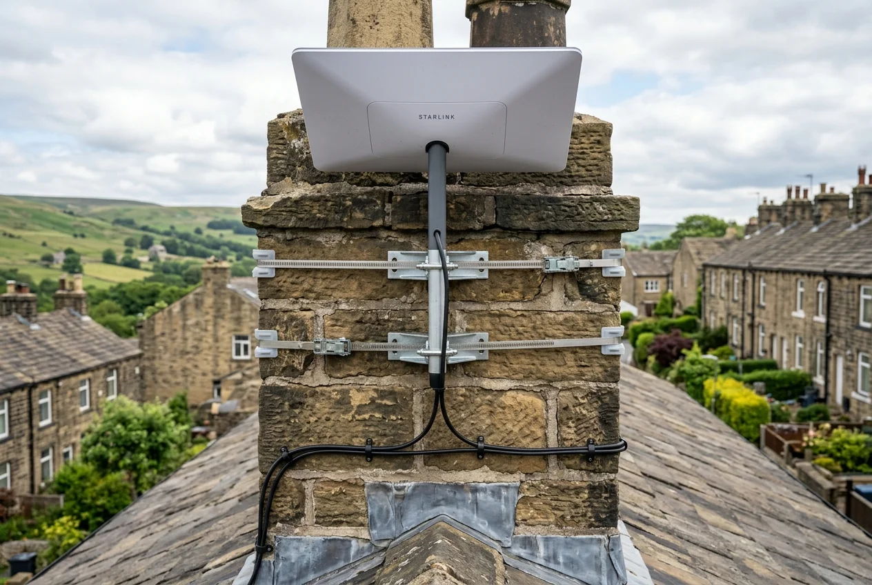 Starlink dish on roof in Brighouse on brick chimney with non-drill lashing cradle overlooking town