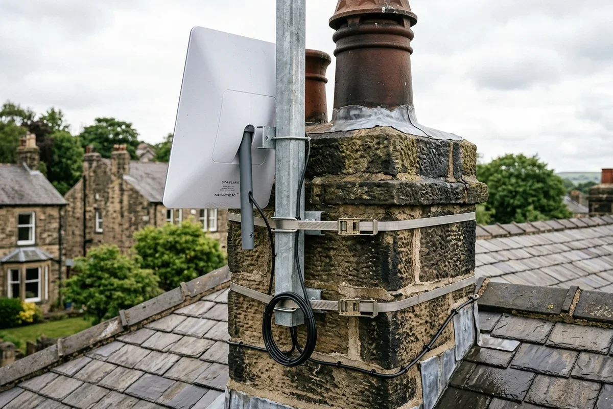 Starlink dish on roof in Broomhill on brick chimney with non-drill lashing cradle overlooking town