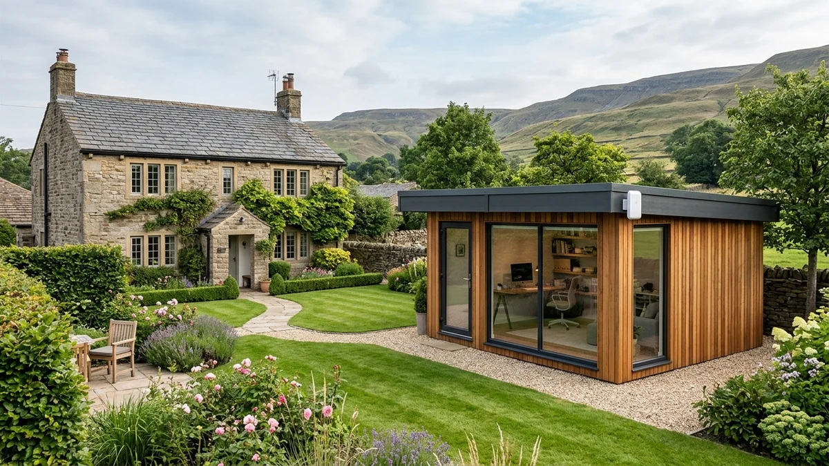 Point-to-point wireless bridge linking cedar garden office pod in Worsthorne near Burnley across lawn