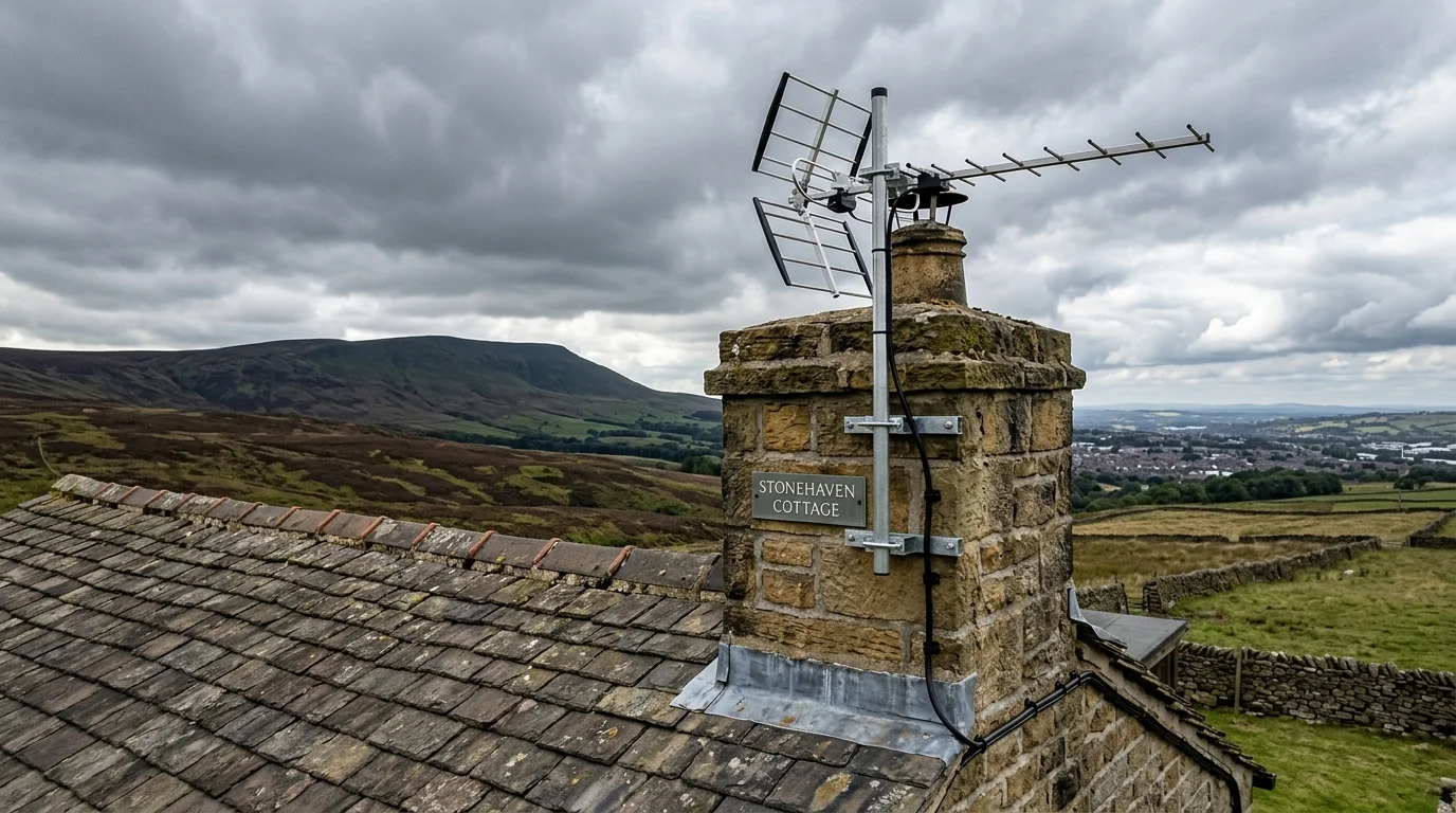 Professional digital TV aerial installation in Read on traditional British chimney stack with galvanized Pennine storm brackets