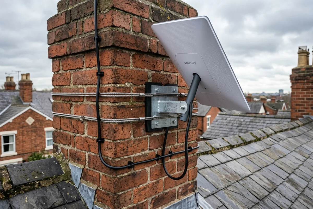 Starlink dish on roof in Carlton on brick chimney with non-drill lashing cradle overlooking town