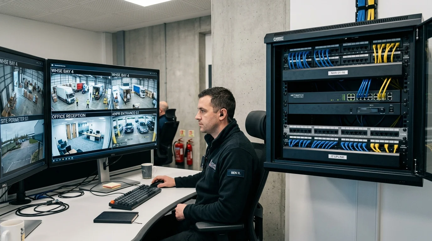 8-Camera Commercial CCTV System with Rackmount NVR and Live Control Room Monitors