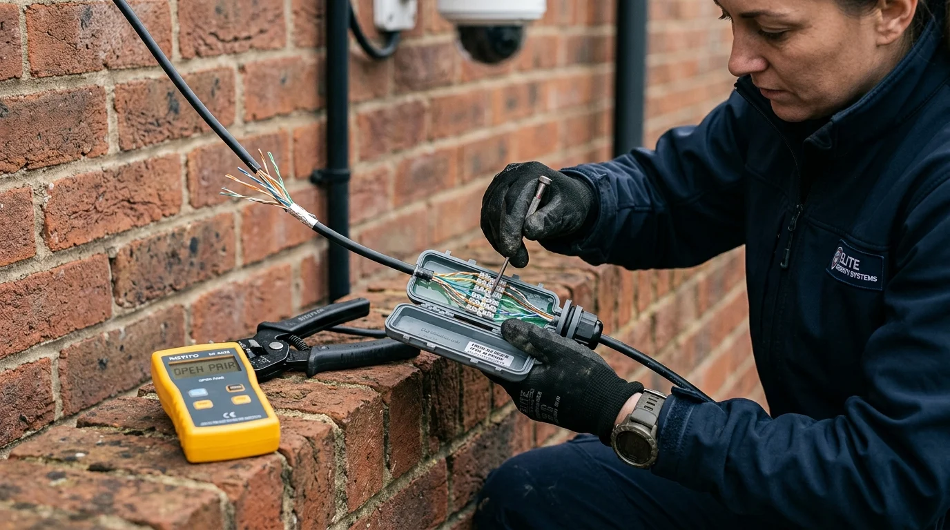 CCTV Cable Replacement and Weatherproof IP68 Gel Splice Repair on Exterior Wall