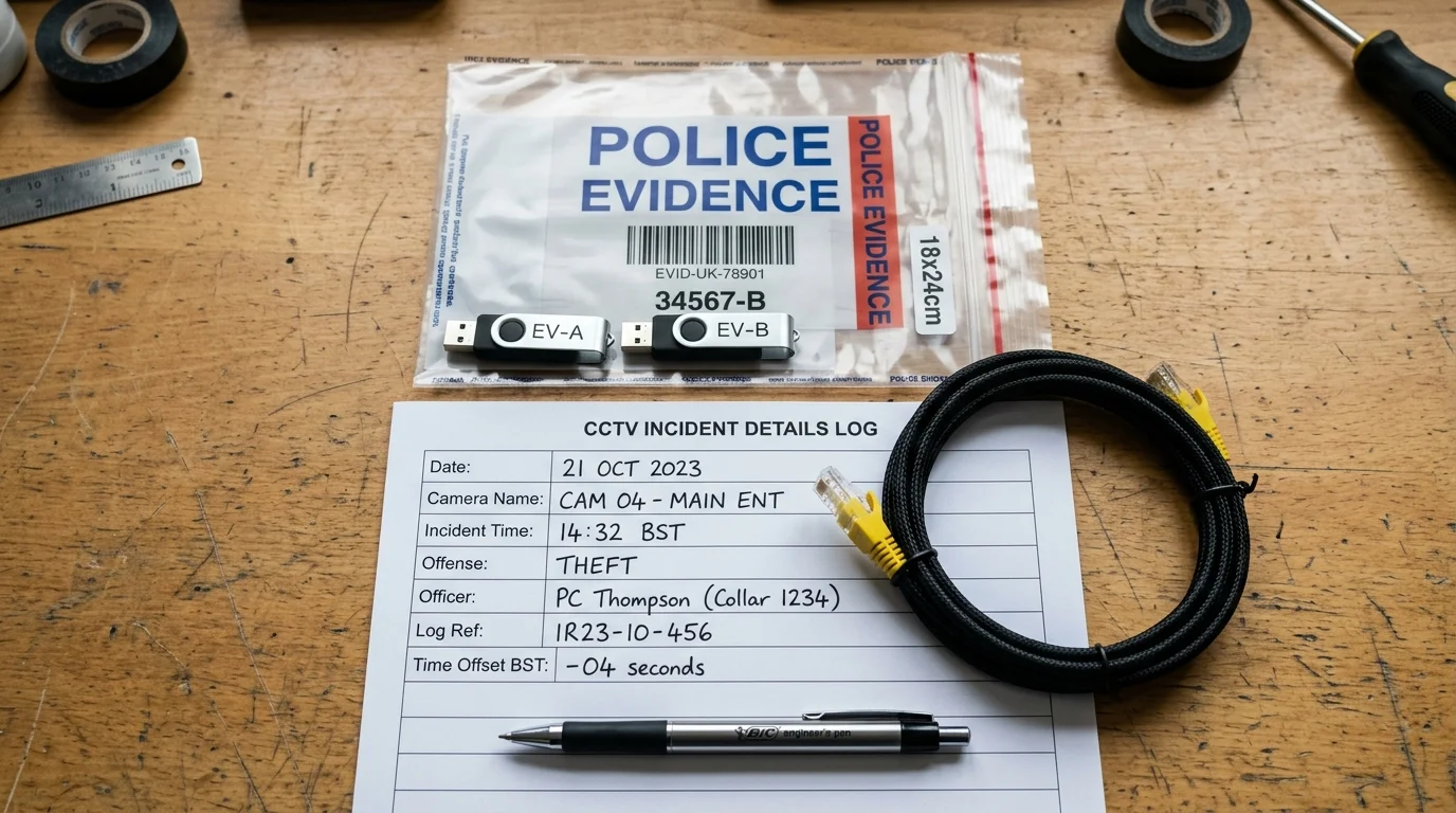 Overhead flatlay of a professional CCTV evidence handover toolkit showing USB drives, tamper-evident police bag, and incident details log sheet on wooden workbench