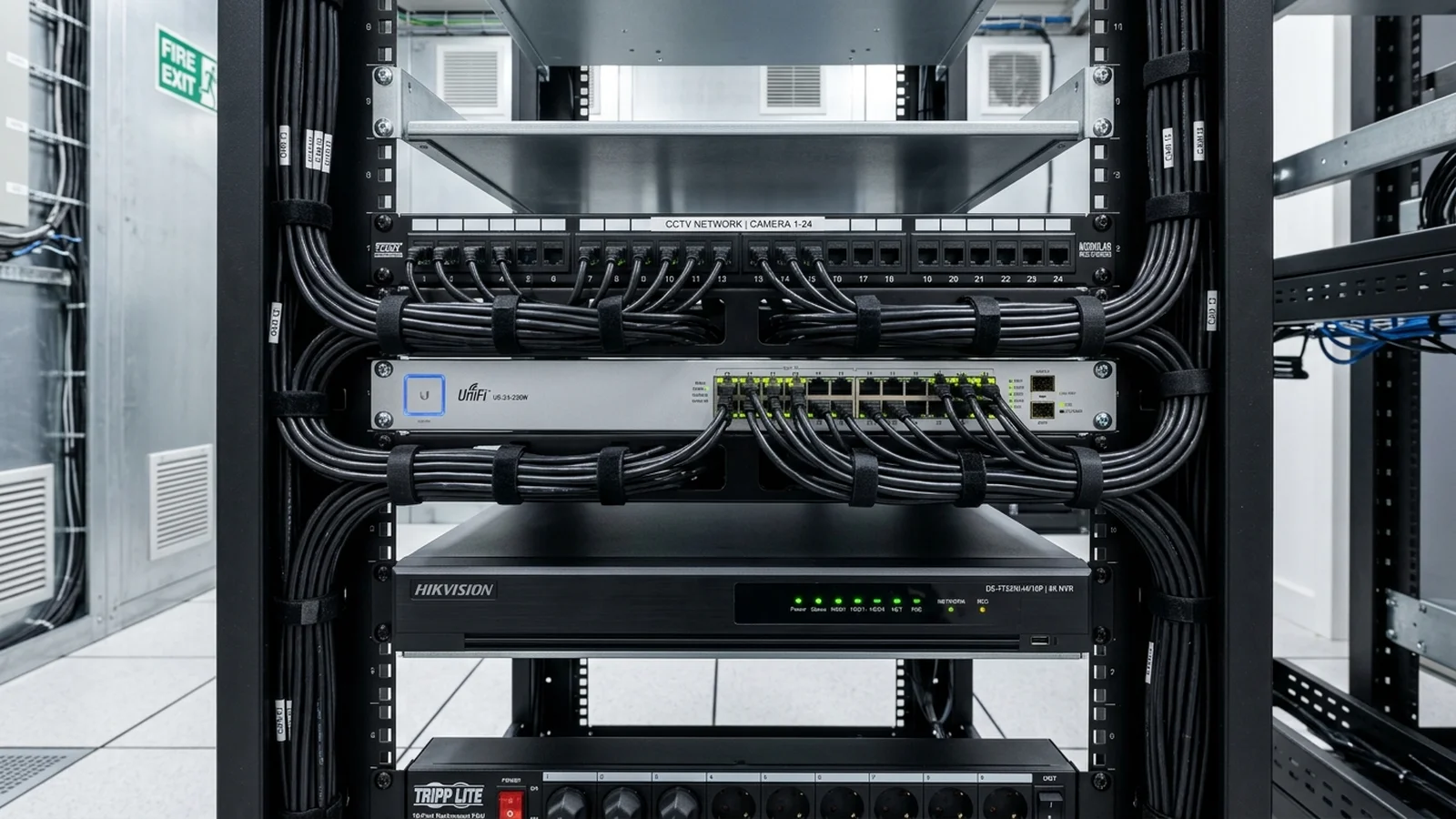 Commercial CCTV network installation in an engineering server rack with isolated PoE switch and clean Cat6 cabling.