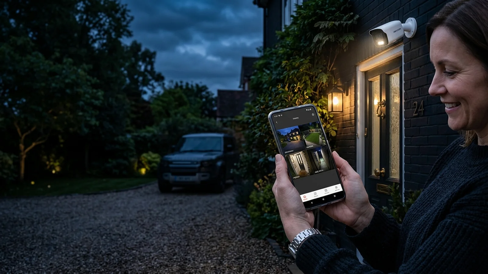 CCTV live phone app showing multi-camera surveillance view