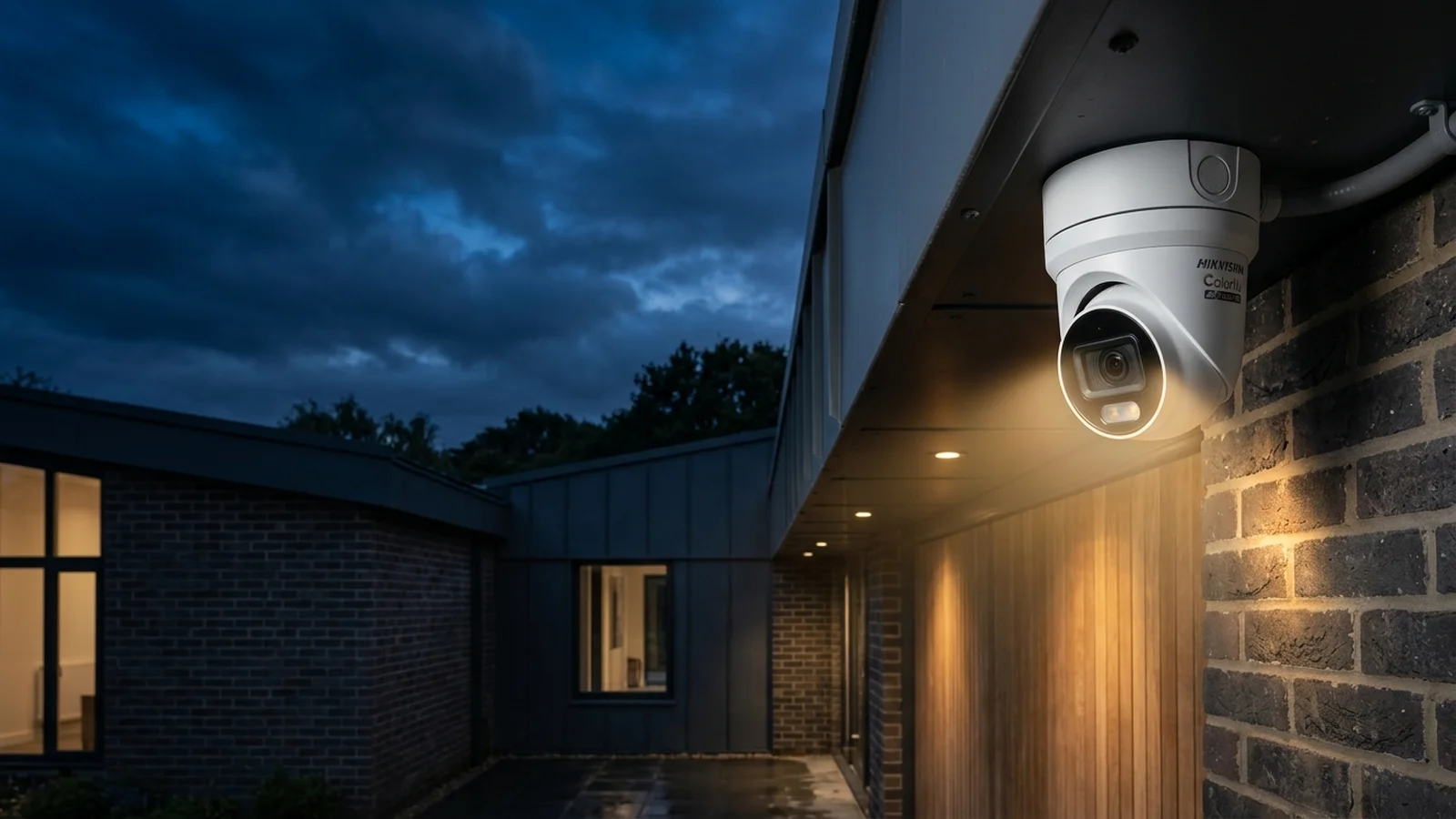 Hikvision ColorVu 4K CCTV turret camera installed on residential soffit