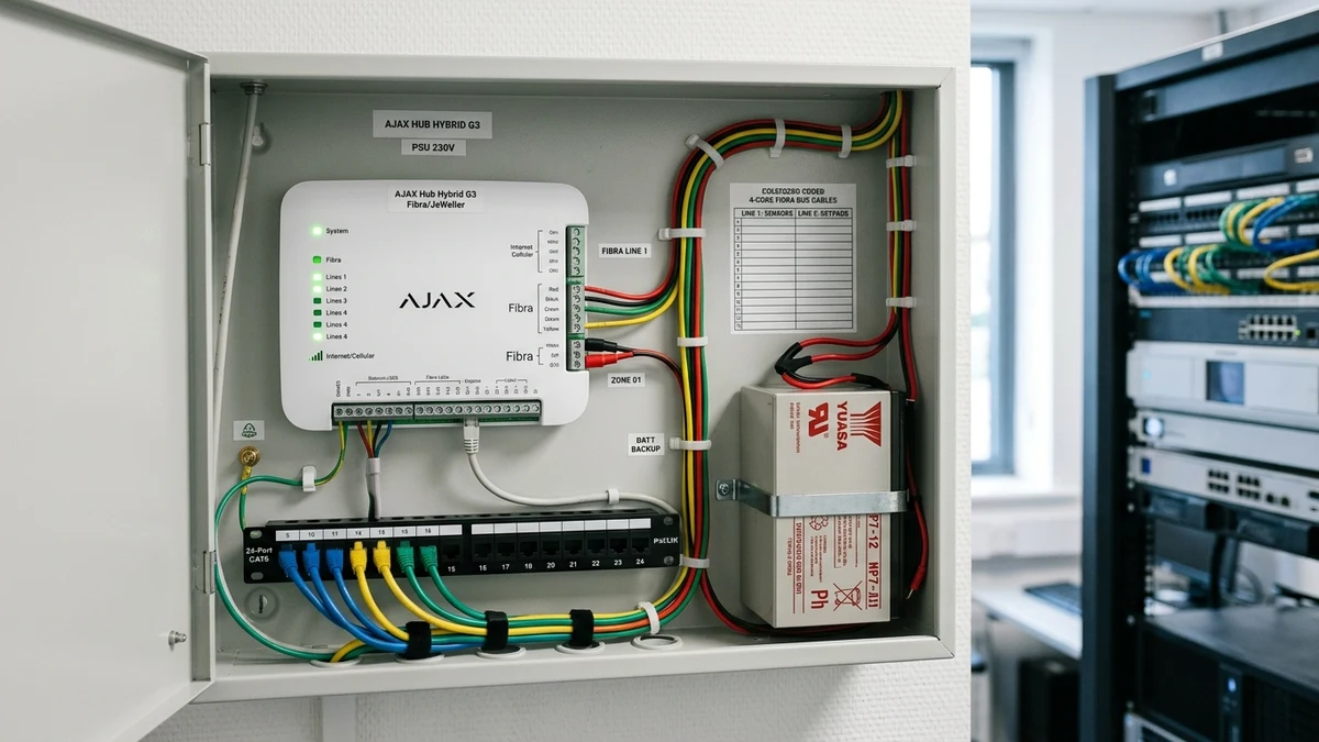Commercial communications rack housing Ajax Hub Hybrid with neatly laced 4-core bus lines in Chester