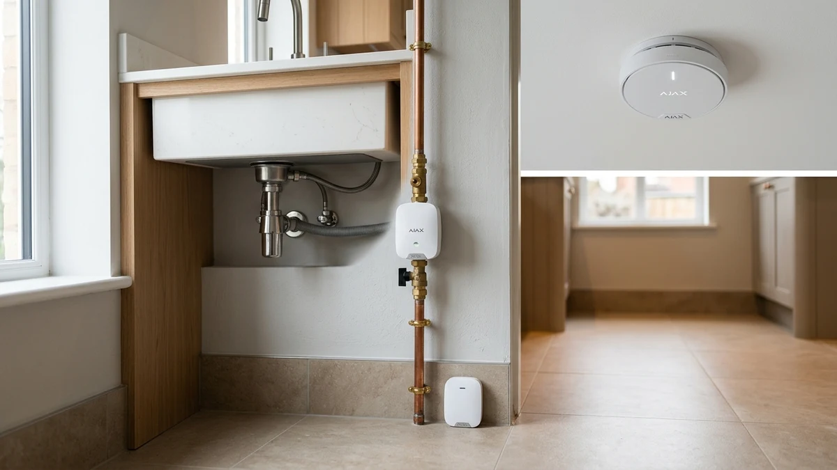 Ajax FireProtect 2 ceiling smoke detector and WaterStop electric smart shutoff valve installed cleanly on copper plumbing in a Chester home