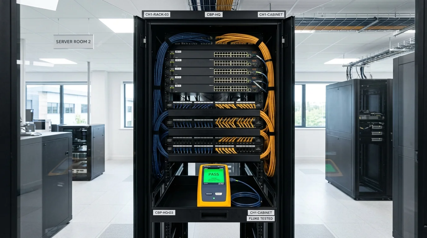 Commercial server rack and patch panel cabling installation in Chester