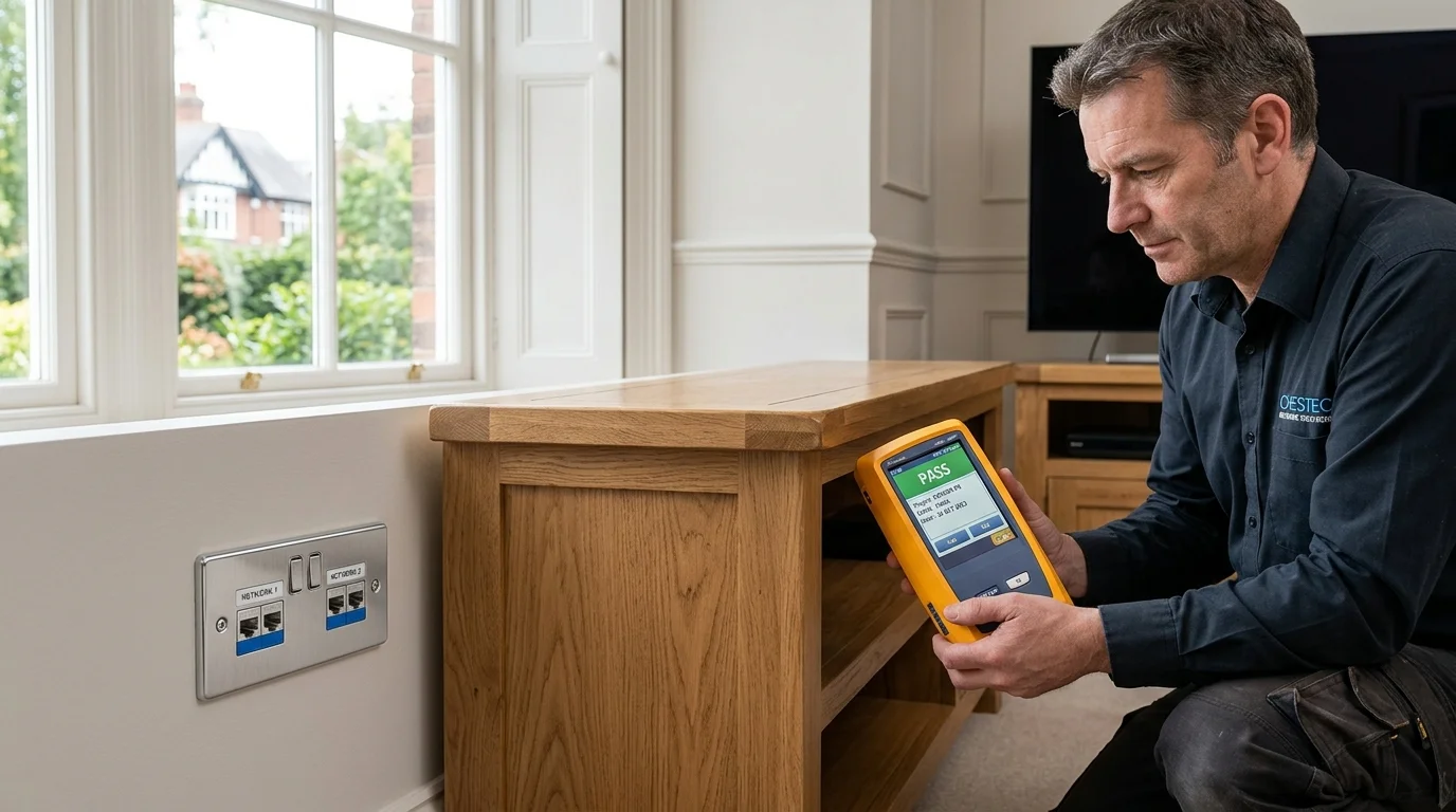 Domestic home network cabling with clean flush-mounted Ethernet wall sockets in a Chester home