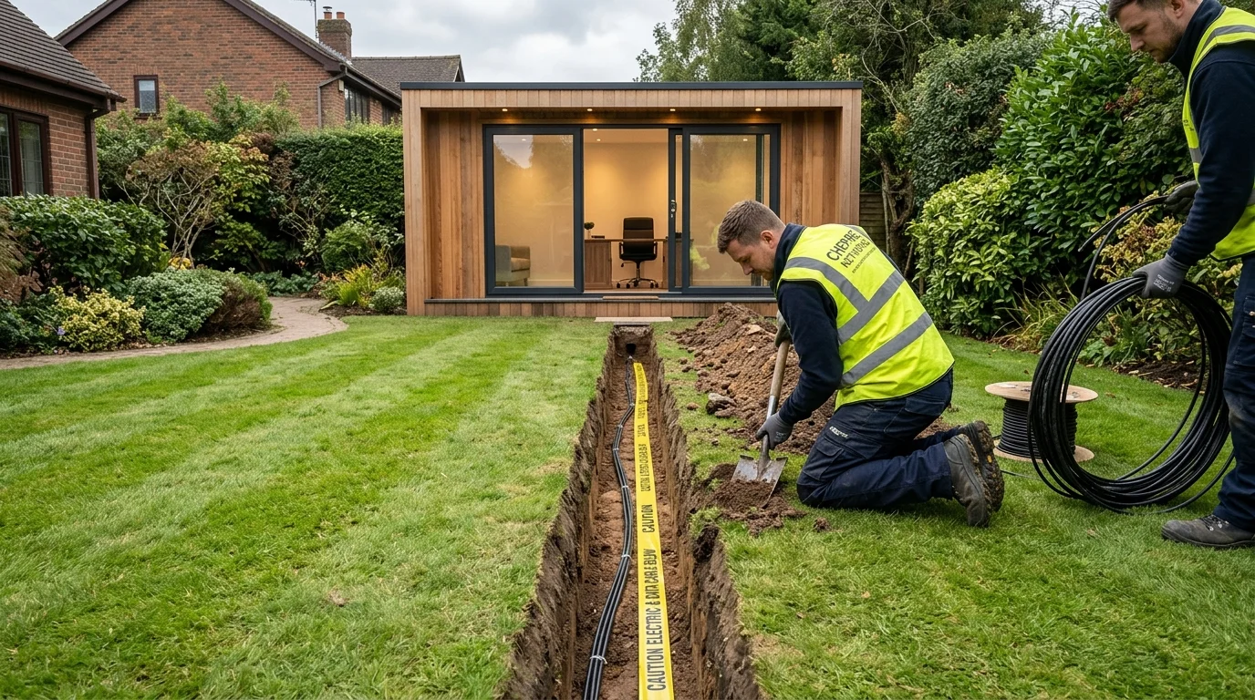 Armoured network cable trenching to garden office in Chester