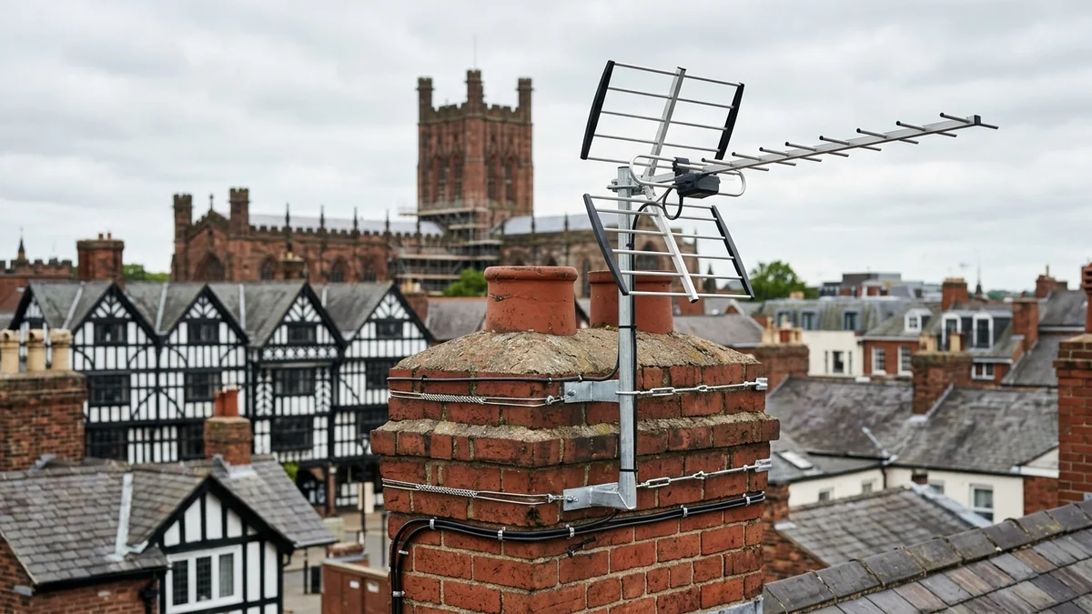 Professional digital TV aerial installation in Christleton on traditional British chimney stack with galvanized Pennine storm brackets