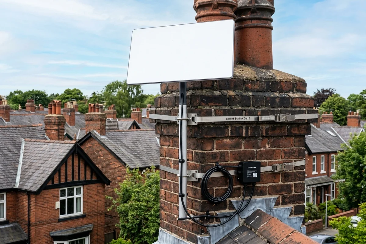 Starlink dish on roof in Chorlton on brick chimney with non-drill lashing cradle overlooking town