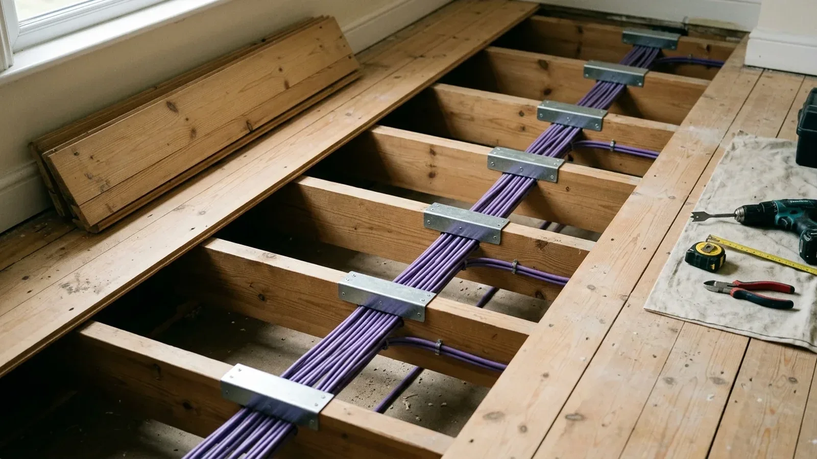 Timber floor joist cable routing compliant with Part A in Church