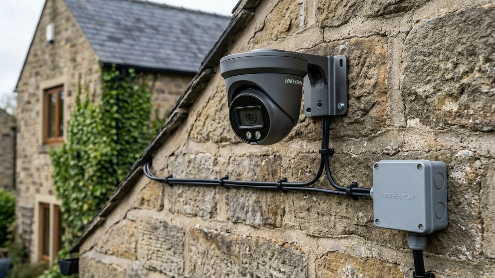 4K Hikvision ColorVu CCTV camera precision mounted onto Yorkshire stone facade in Clayton