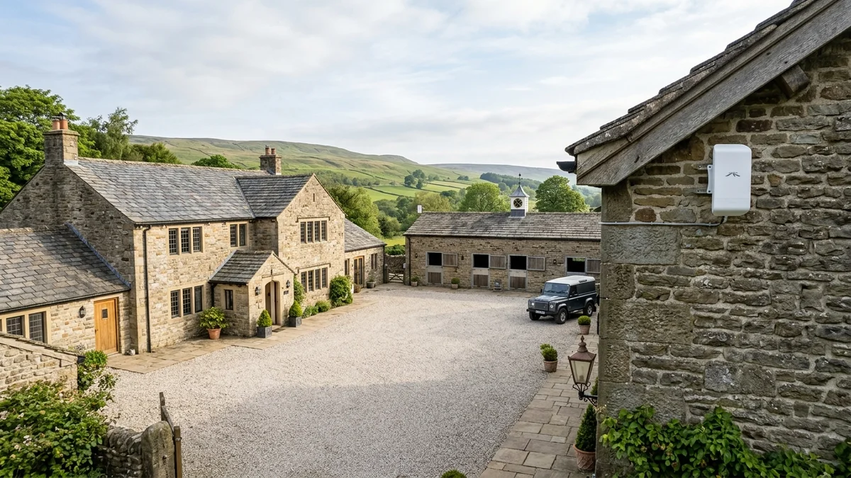 Point-to-point wireless bridge linking Ribble Valley farmhouse to detached stables across gravel courtyard