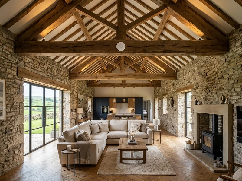 Luxury converted Ribble Valley stone barn with high-speed enterprise WiFi node mounted to oak timber beam