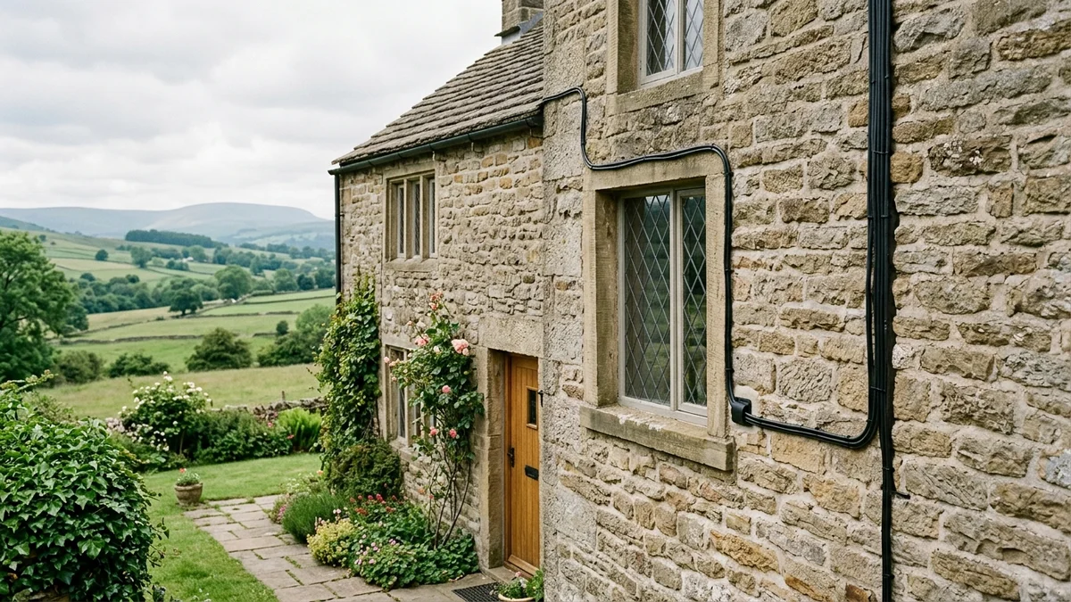 Stone-built country residence in Ribble Valley with discreet external Cat6a data cabling routed along mortar lines