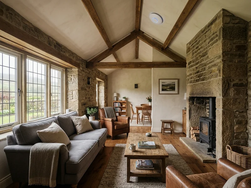 Flush ceiling enterprise access point installed inside authentic Colne gritstone cottage
