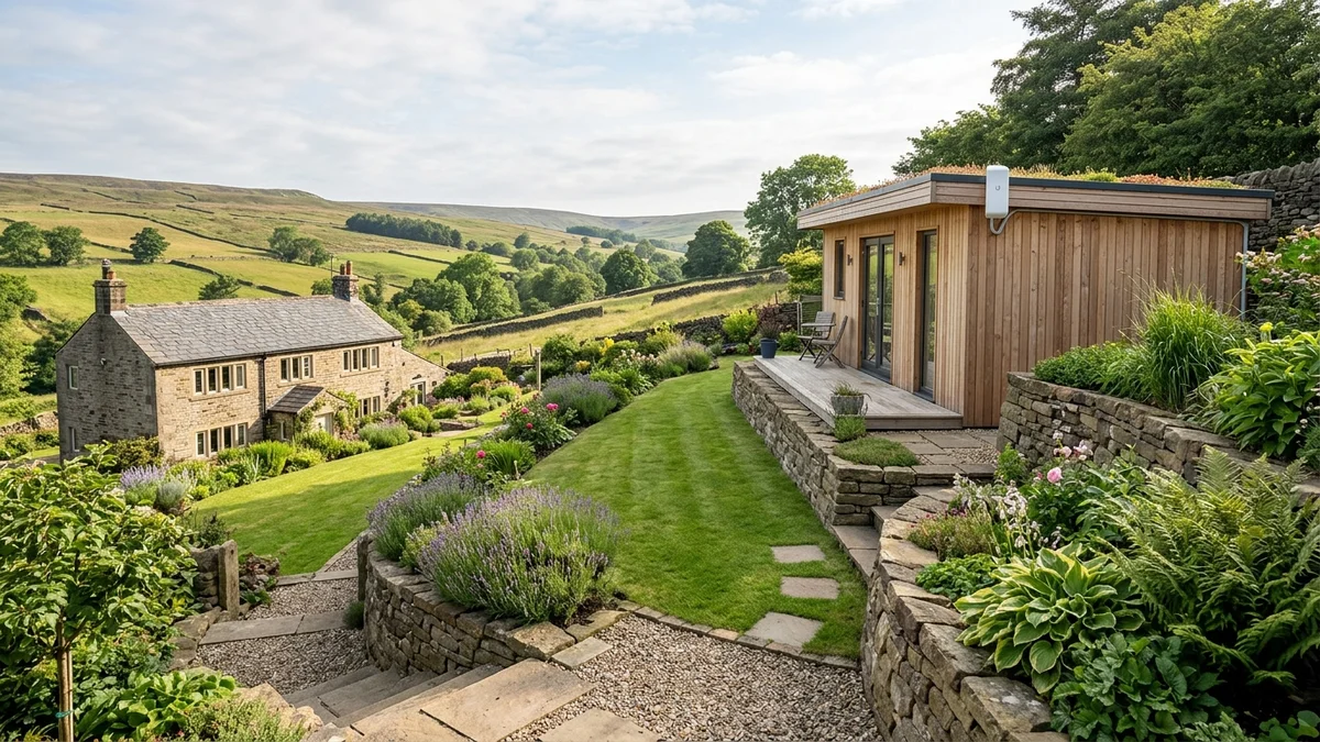 Point-to-point wireless bridge linking modern garden pod in Trawden near Colne across sloping terraced lawn