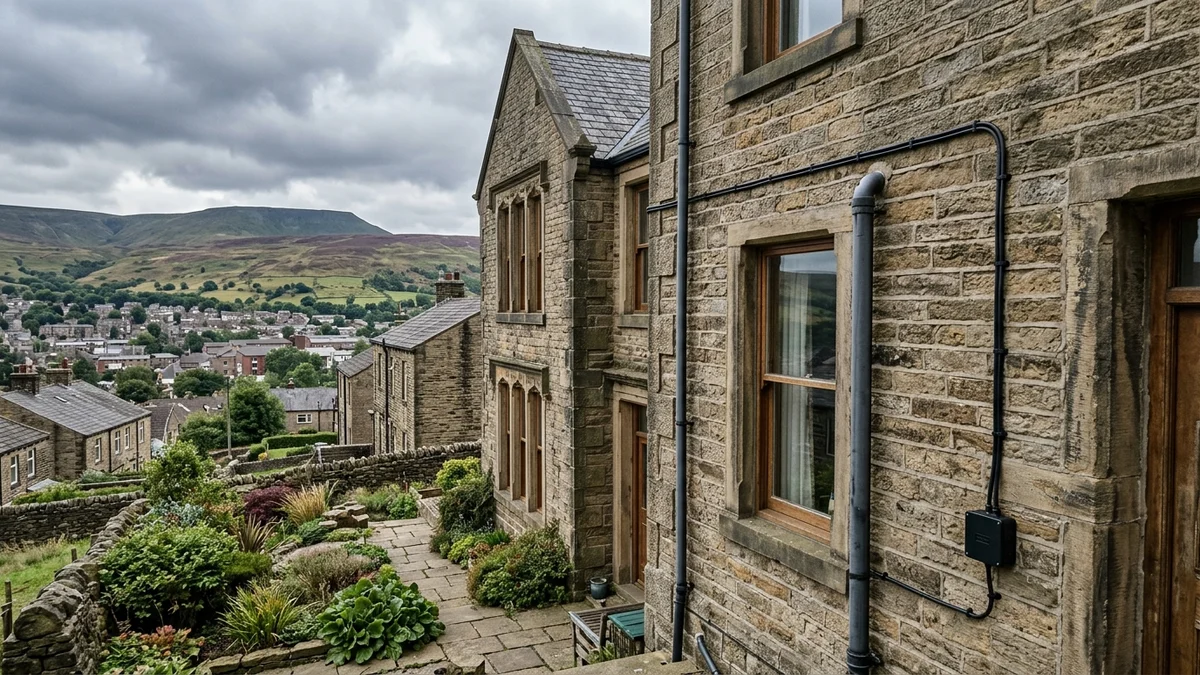 Victorian gritstone hillside residence in Colne with discreet exterior Cat6a data cabling routed along mortar lines