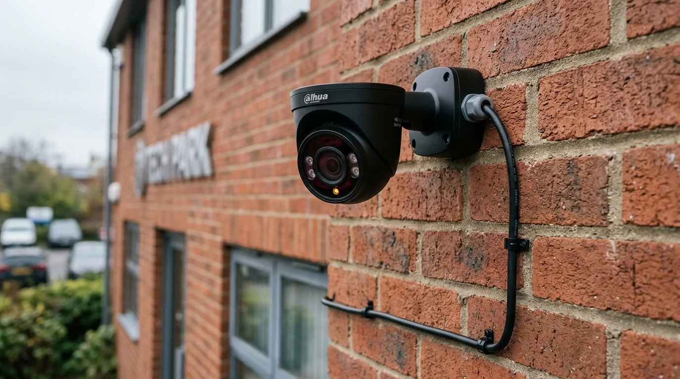 Commercial 4K IP security dome camera wired with external UV-rated Cat6A cable