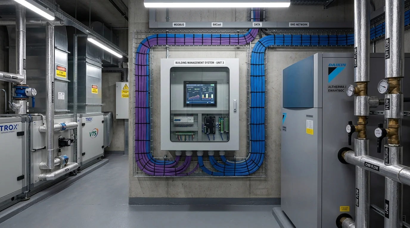 Commercial building management system BMS and heat pump network cabling enclosure