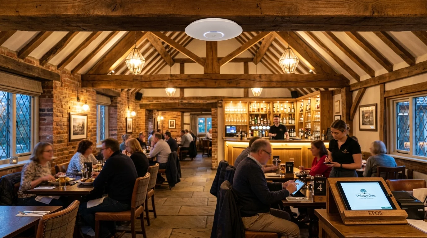 Commercial wireless access point installed on timber ceiling in British country pub