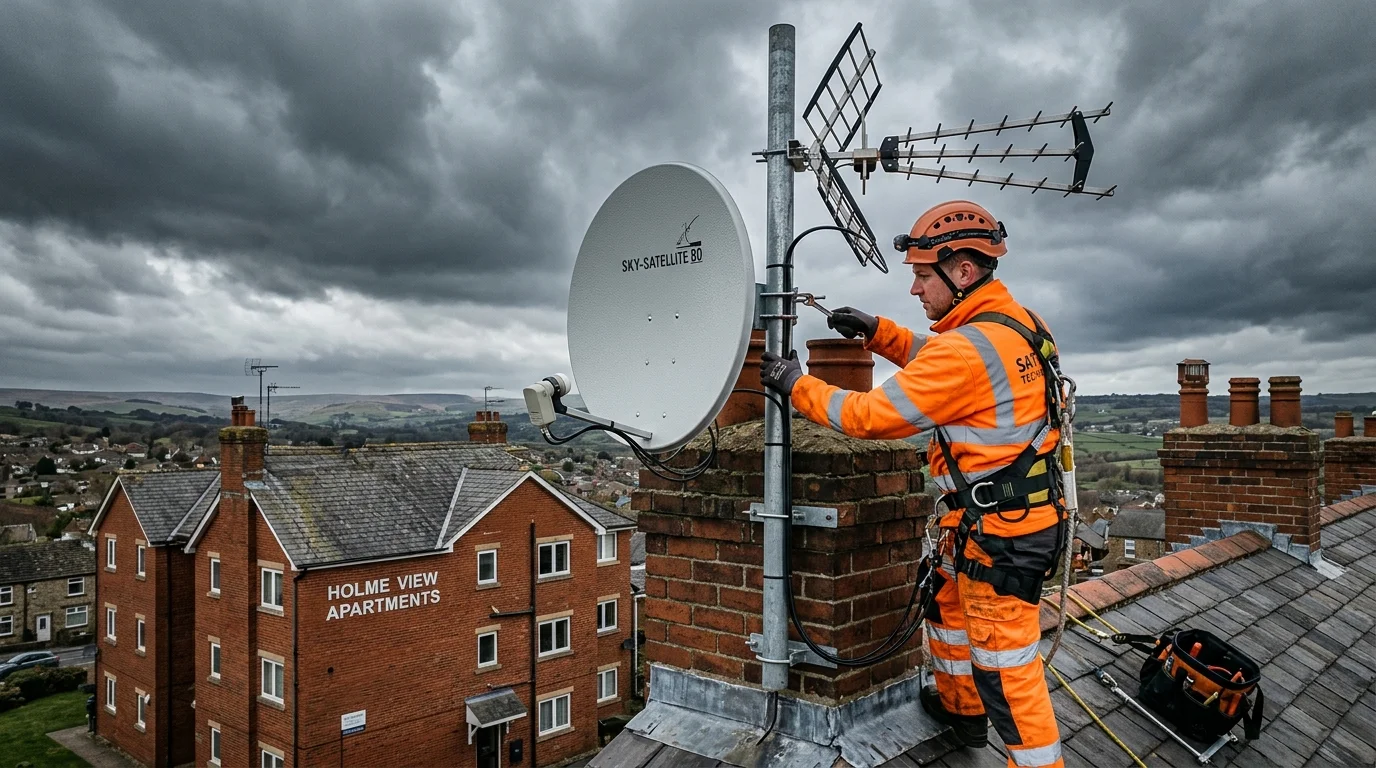 Emergency storm repair on rooftop communal satellite dish in Middlesbrough
