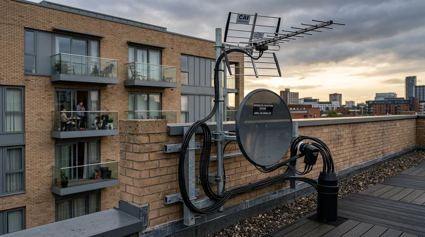 Commercial communal aerial and rooftop IRS satellite installation on an apartment block in Middlesbrough