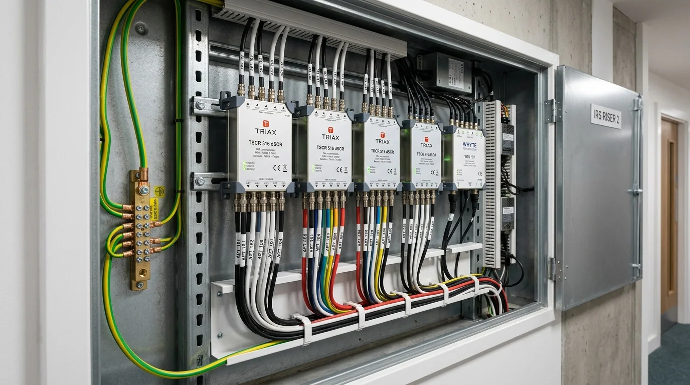 Communal TV dSCR multiswitch riser system installed in an apartment cupboard in Middlesbrough