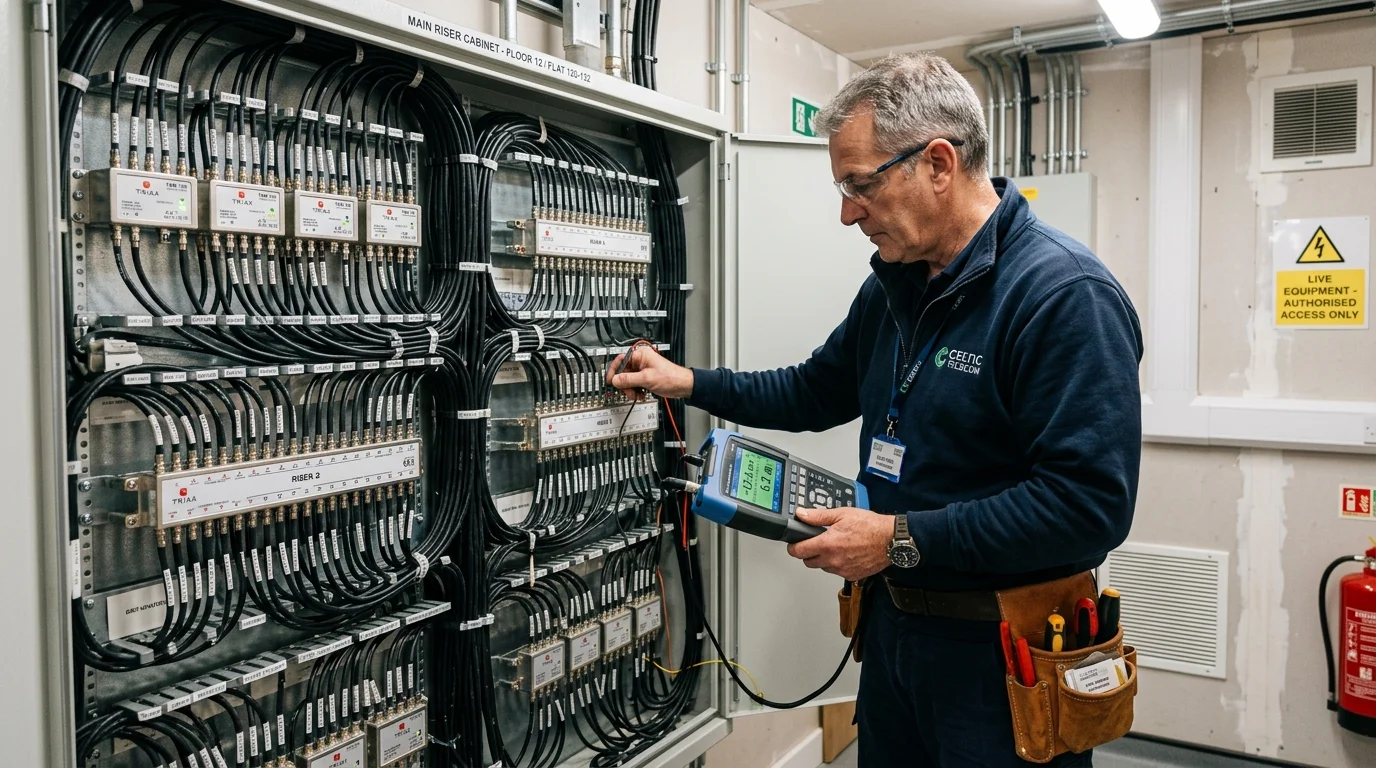 Commercial Communal TV Distribution Riser Cabinet Fault Tracing and Signal Level Testing