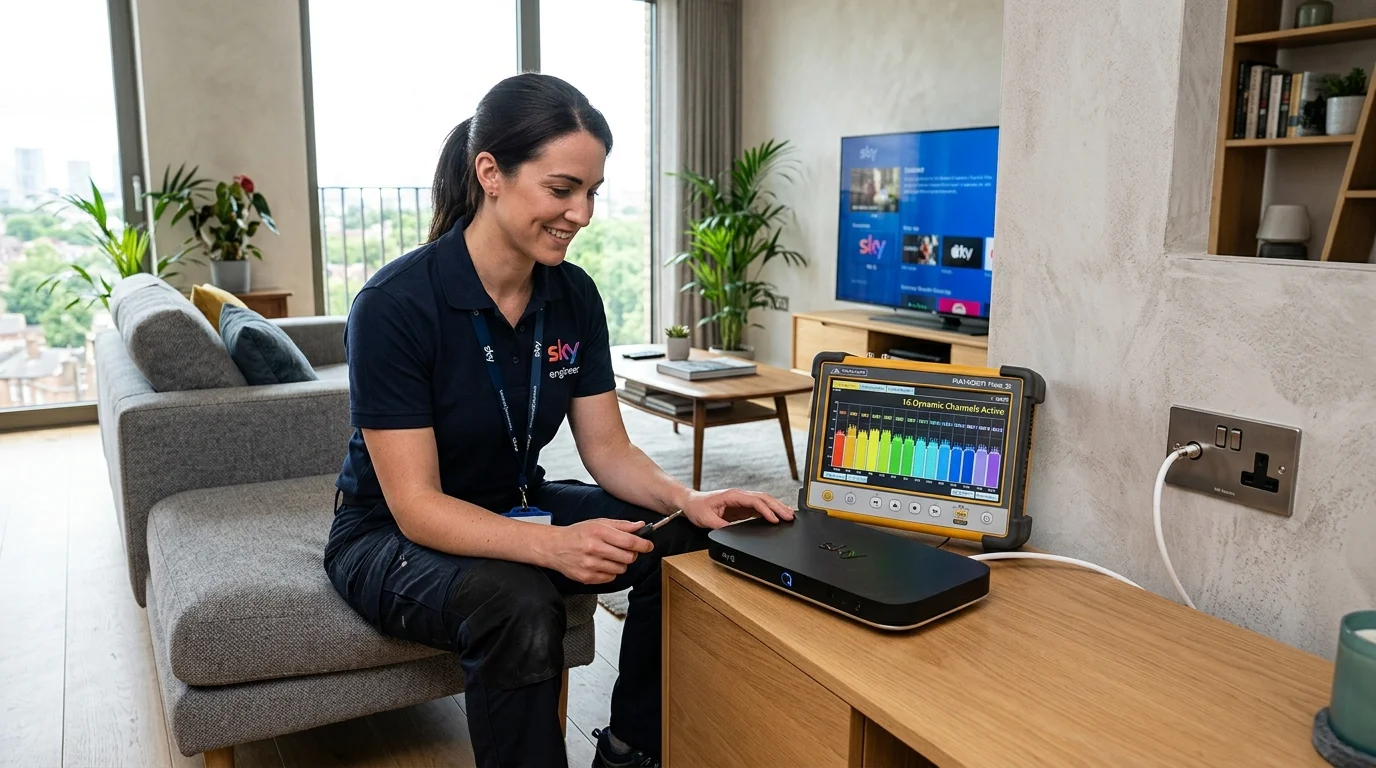 Sky Q Set-Top Box Connected to Communal Dish Triplex Wall Plate with Calibrated Digital Signal Meter