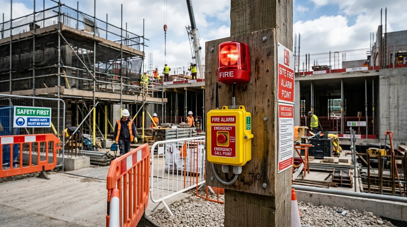 Temporary wireless fire alarm station on active construction site