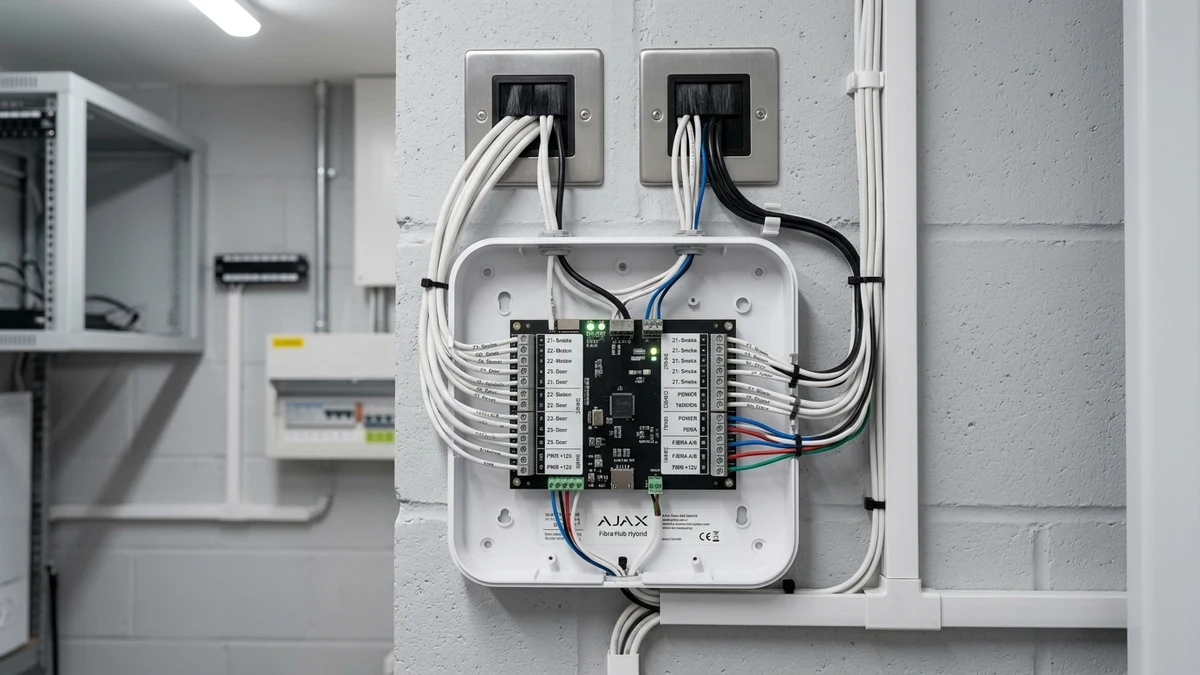 Commercial communications rack housing Ajax Hub Hybrid with neatly laced 4-core bus lines in Crewe