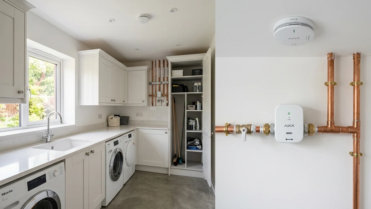 Ajax FireProtect 2 ceiling smoke detector and WaterStop electric smart shutoff valve installed cleanly on copper plumbing in a Crewe home