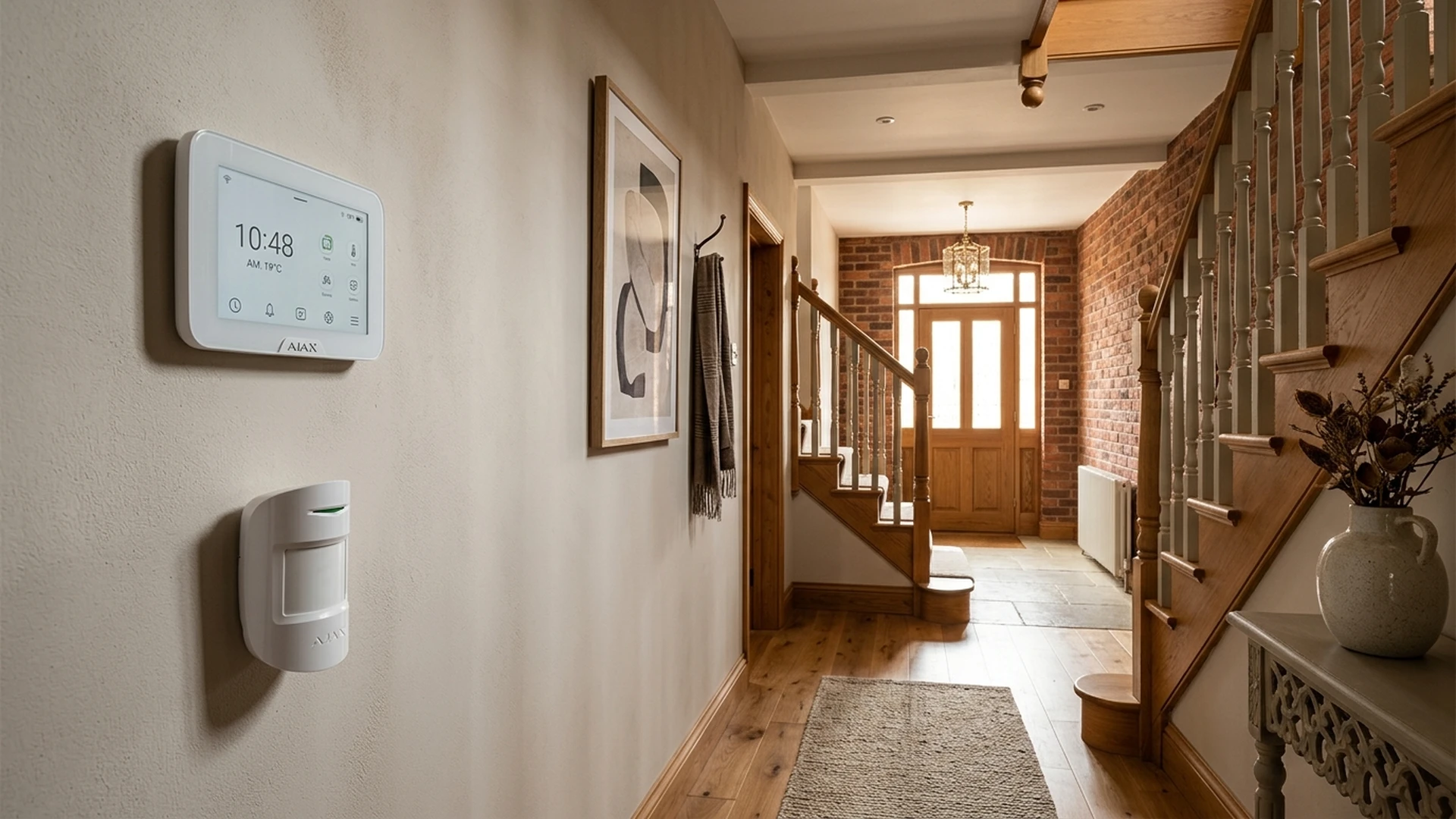 Professional security engineer Gary Pearce installing white Ajax KeyPad TouchScreen Jeweller on a hallway wall in a Crewe home