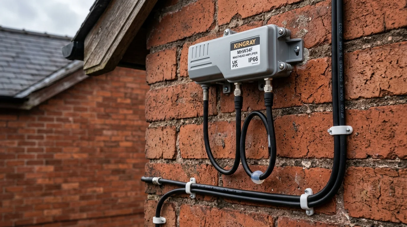 Neatly clipped UV-resistant Cat6a solid copper cable installation along mortar joints in Crewe