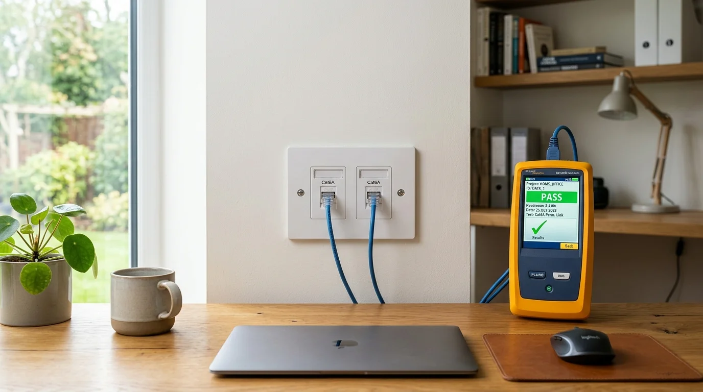 Domestic home network cabling with clean flush-mounted Ethernet wall sockets in a Crewe home